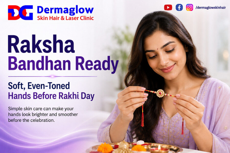 Dermaglow Skin Hair & Laser Clinic Raksha Bandhan poster showing a woman holding a rakhi and promoting soft, even-toned hands before Rakhi Day with skincare advice.