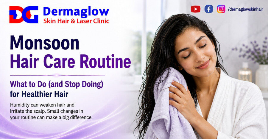 Dermaglow Skin Hair & Laser Clinic poster showing a woman drying her hair with a towel and text explaining a healthy monsoon hair care routine and what to do and stop doing during the rainy season.
