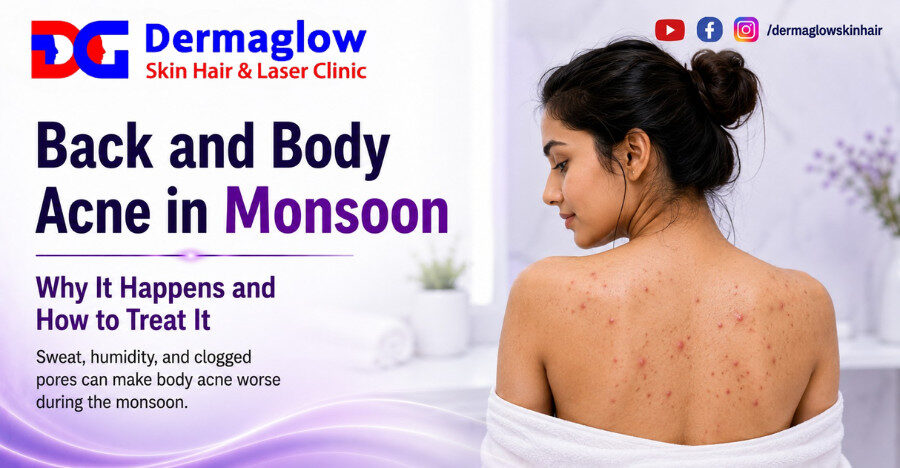 Dermaglow Skin Hair & Laser Clinic poster showing a woman with back acne during the monsoon season and text explaining why back and body acne gets worse in monsoon and how to treat it.