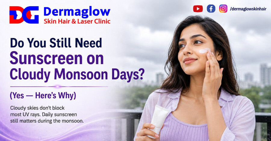 Dermaglow Skin Hair & Laser Clinic poster showing a woman applying sunscreen outdoors on a cloudy monsoon day with text explaining why sunscreen is still necessary during monsoon.