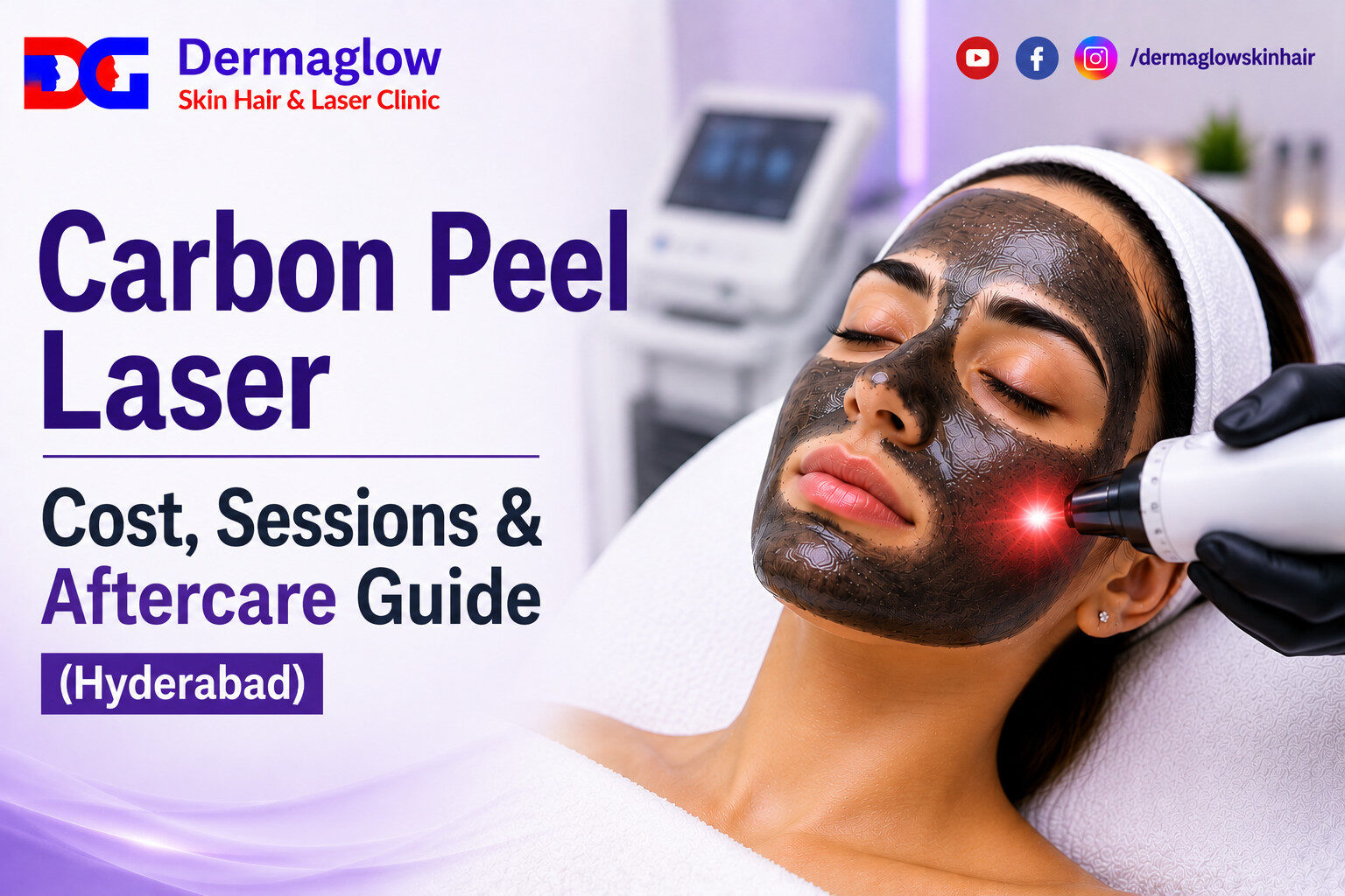 Woman receiving Carbon Peel Laser treatment with a carbon mask during a skin rejuvenation procedure at Dermaglow Skin Hair & Laser Clinic in Hyderabad.