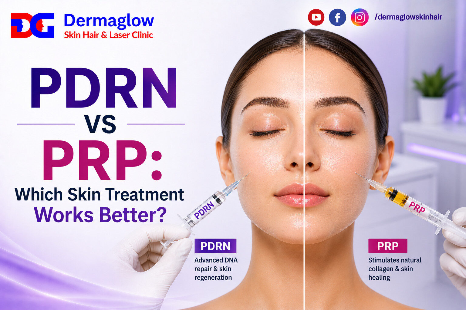 Comparison of PDRN and PRP skin rejuvenation treatments showing facial injections for collagen stimulation, skin repair, and anti-aging at Dermaglow Skin Hair & Laser Clinic.