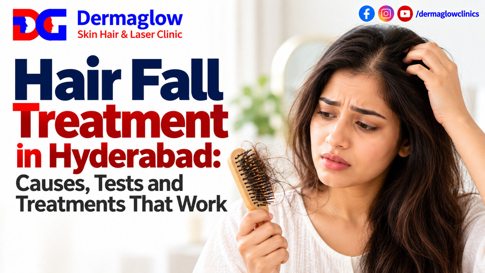 Hair fall treatment in Hyderabad by Dermaglow Skin Hair & Laser Clinic, featuring a concerned Indian woman examining hair loss while holding a hairbrush with loose hair, highlighting causes, diagnostic tests, and effective treatment options.