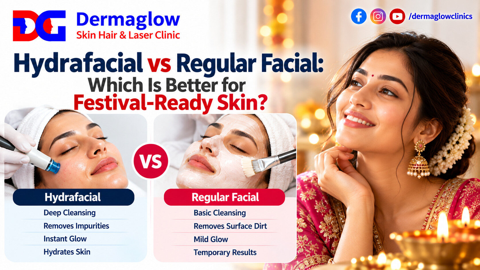 Hydrafacial vs regular facial comparison by Dermaglow Skin Hair & Laser Clinic, highlighting deep cleansing, impurity removal, hydration, and glow for festival-ready skin, alongside an Indian woman in festive attire.